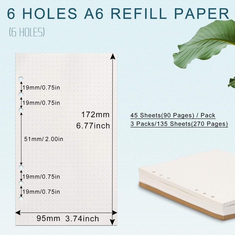 Toplive A6 Refill Paper, [3 Pack] Toplive 100GSM Thick Refillable Paper 6 Hole Filler Inserts Loose Leaf Paper 135 Sheets (270 Pages) for 6 Ring Binder Journal Notebook-Dotted Paper - Image 3